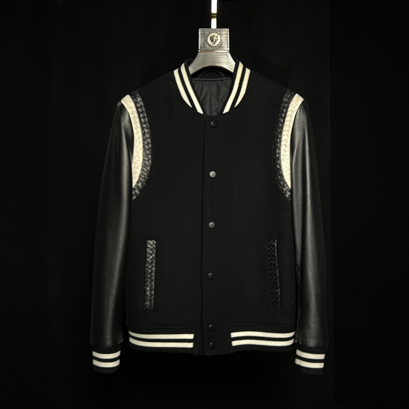 羊毛泥料真皮拼接棒球服男装百搭潮流帅气精气神欧货男士皮衣外套