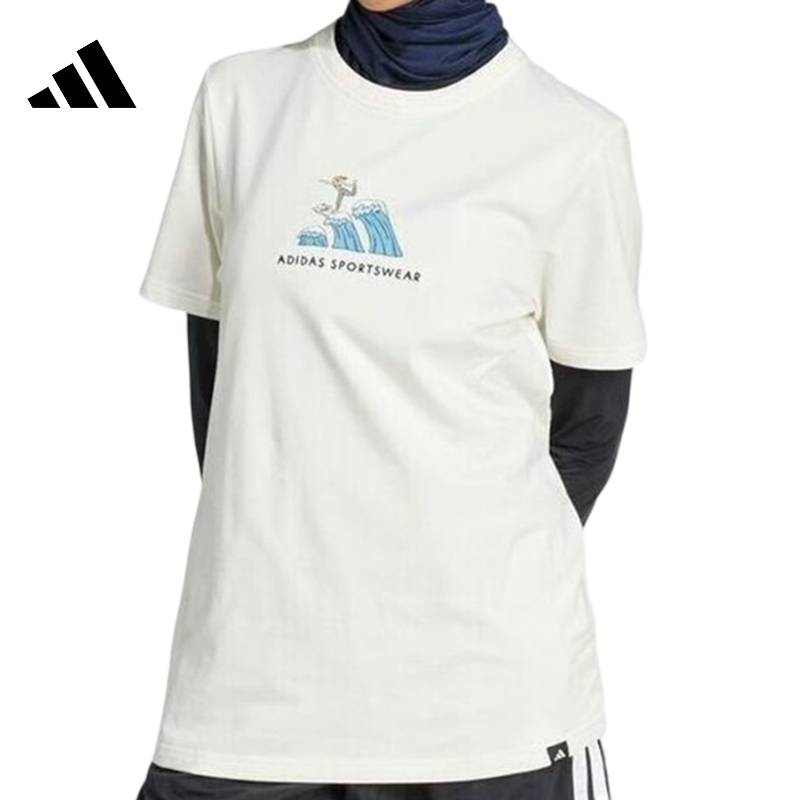 adidas阿迪女款白色休闲短袖W C DDL SURF T针织无领短T恤JX5330