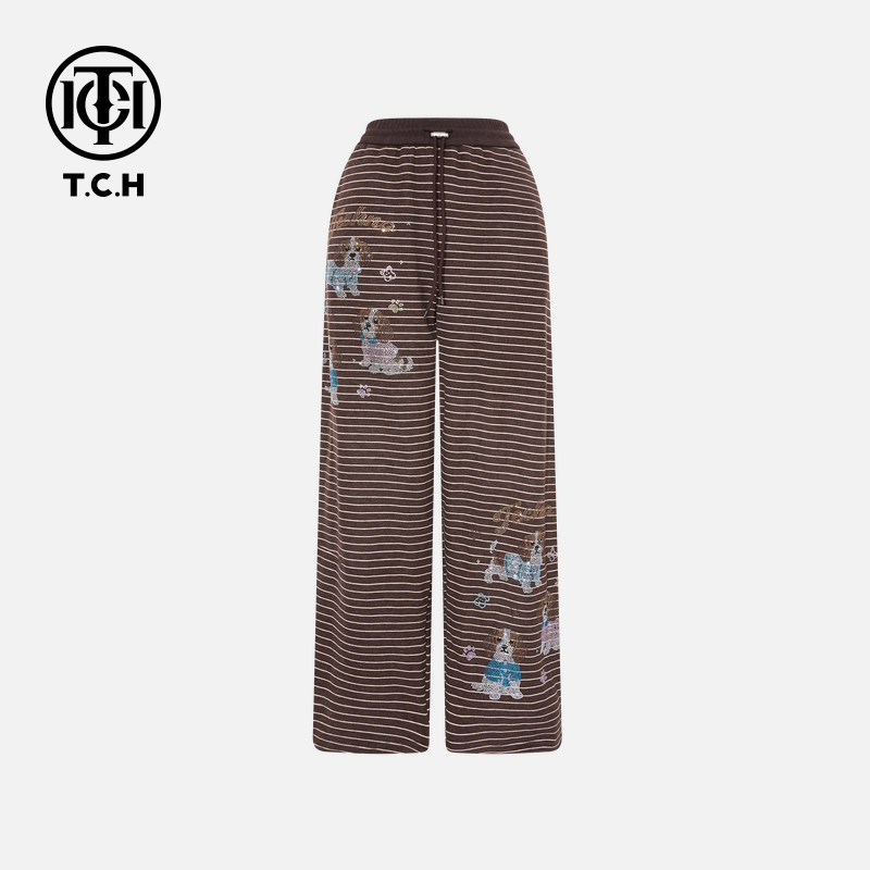 TCH【直筒阔腿】冬款百搭时尚烫钻慵懒咖色阔腿休闲裤T75D20E1118