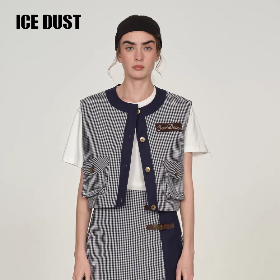【ICE DUST】拼色格纹直身短款马甲秋新款复古叠穿无袖马夹