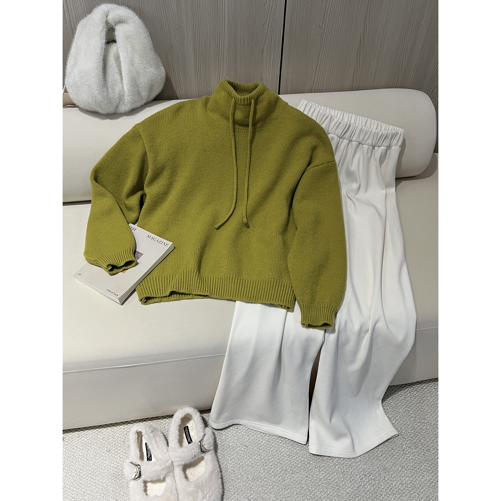 抽绳领芥末绿大版毛衣WJ28360