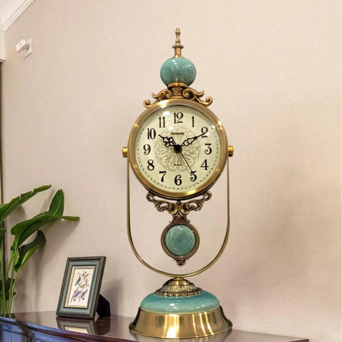 家居装饰仿古铜座钟美式陶瓷复古工艺家用静音扫秒欧式台钟坐钟