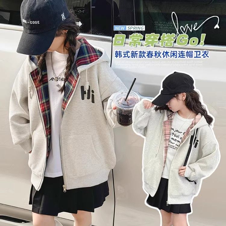 女童秋装新款中大童格子连帽外套韩版上衣宝宝外出服春秋薄款卫衣