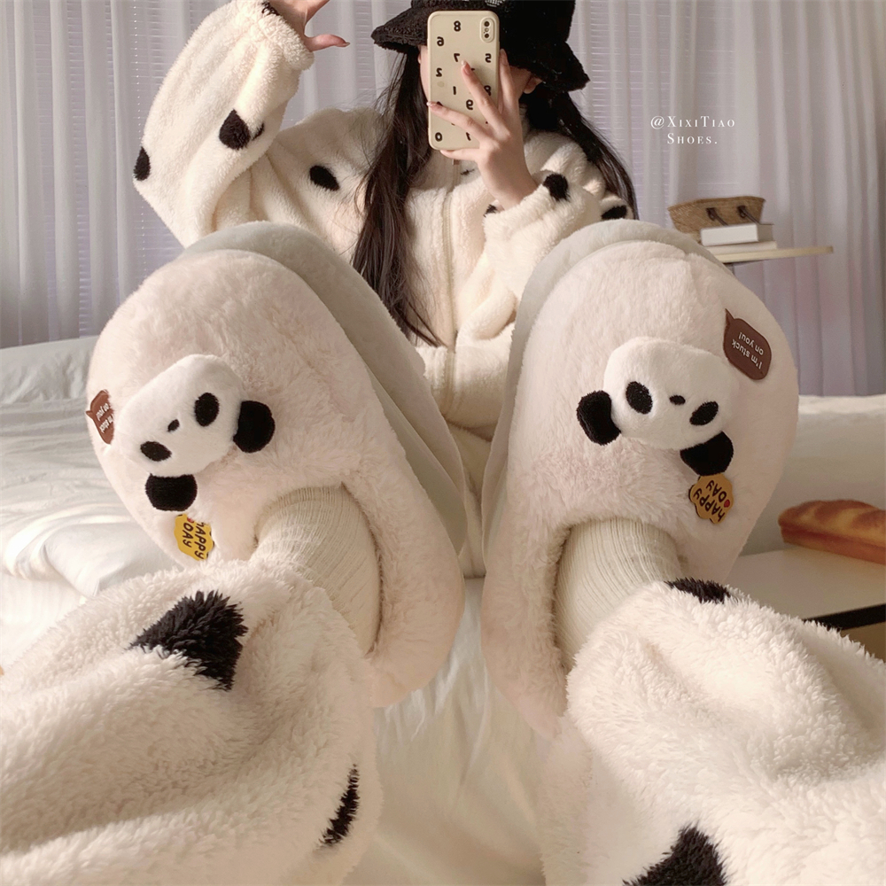 冬季居家软底防滑保暖产后月子鞋女冬时尚毛绒绒熊猫情侣棉拖鞋男