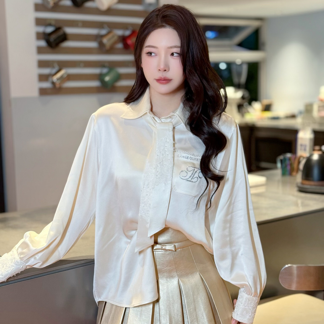 TQ米色醋酸拼蕾丝宽松衬衫TQ-253-6843-NA