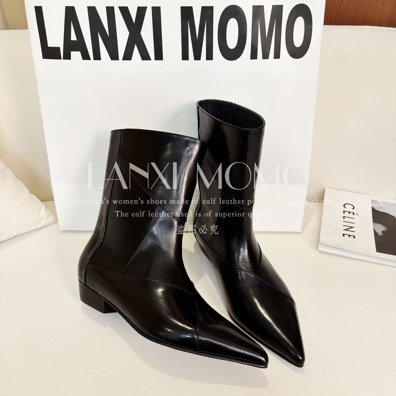  【LANXI  MOMO】时尚百搭女士黑色秋冬尖头短靴25XZ775LX