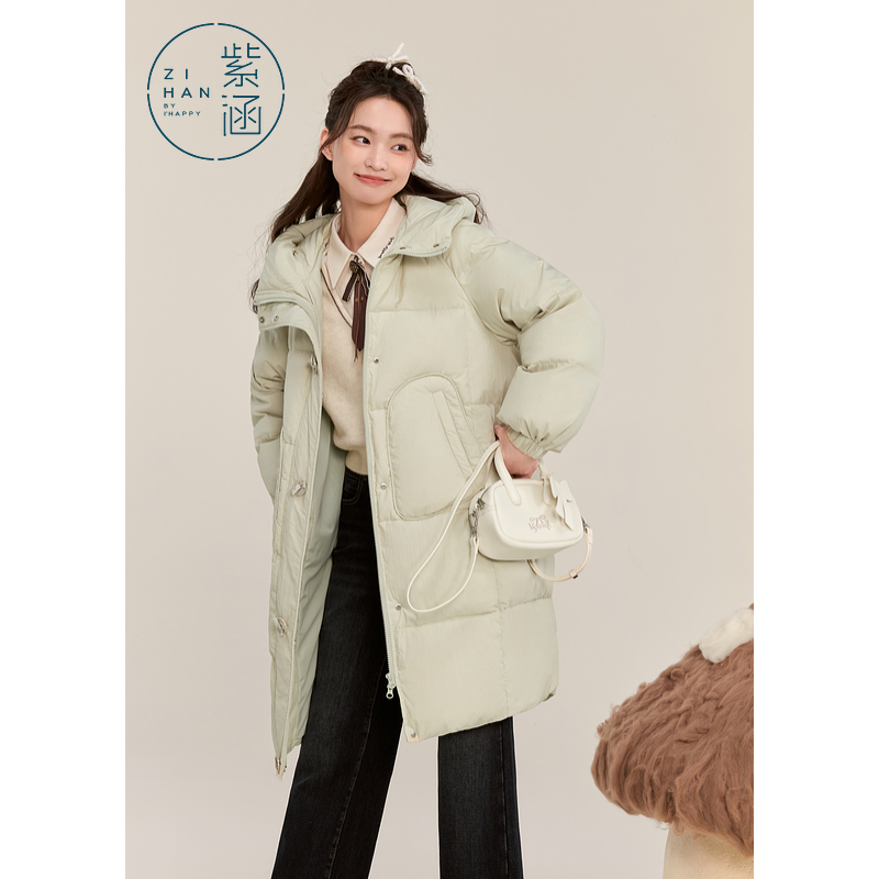 《王雪糕专属》紫涵连帽长款鸭绒羽绒服女2024冬上衣Z4Z10AS170