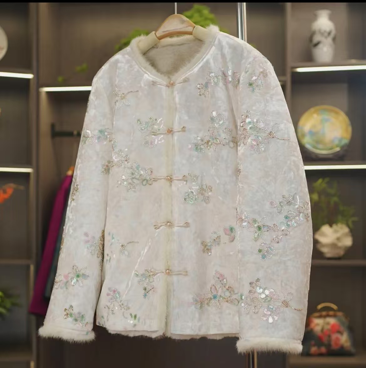 【繁花珠彩】 冬季新款外套水貂毛香云纱新中式上衣百搭双面穿