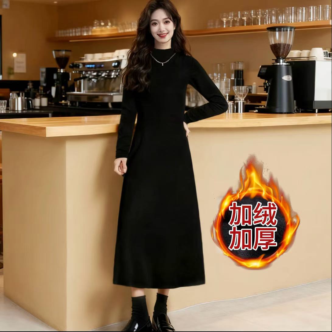 (现货+运费险)半高领秋冬长袖黑色连衣裙A字裙显瘦宽松打底裙1528