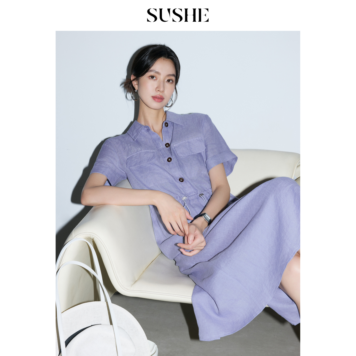 SUSHE 堇络 100亚麻定染紫调折边袖抽绳调节腰中长款休闲连衣裙