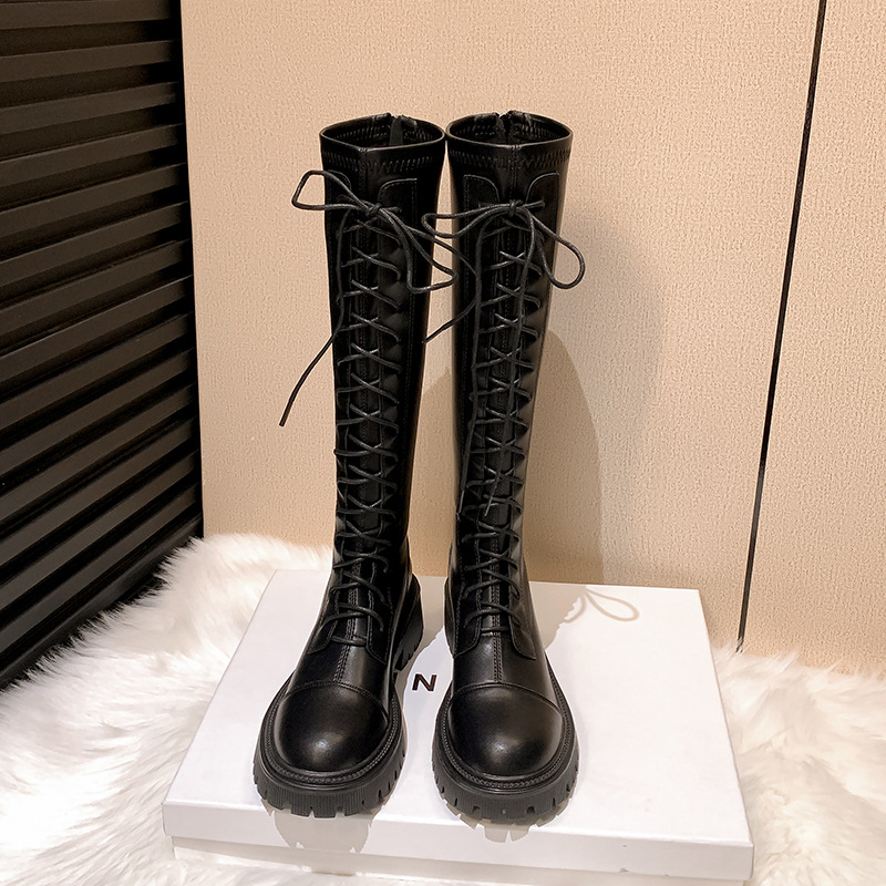 真皮厚底马丁靴女系带骑士靴英伦风内增高长筒靴系带圆头厚底女靴