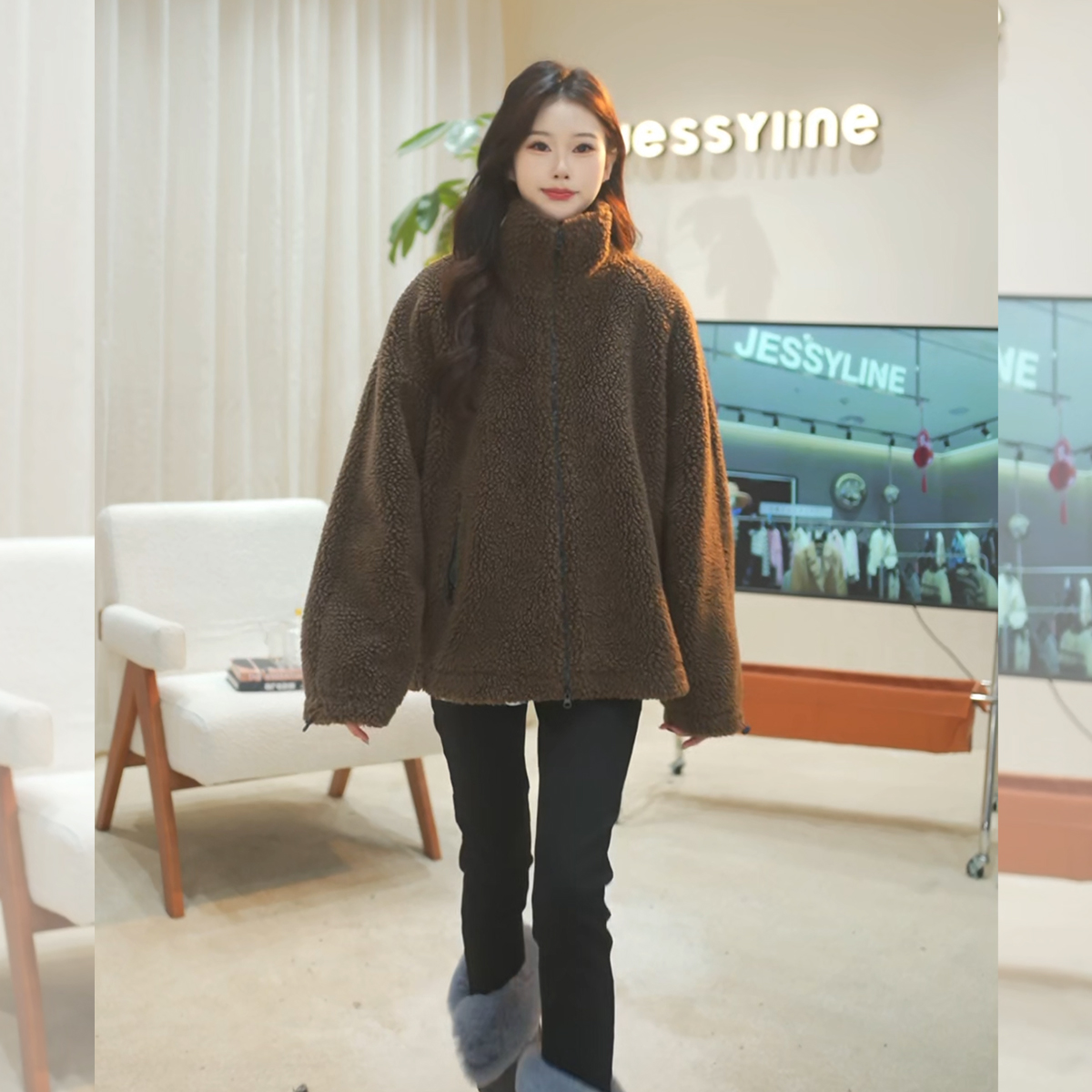 杰茜莱流光风毛呢外套咖色美拉德上衣jessyline2025冬季新款