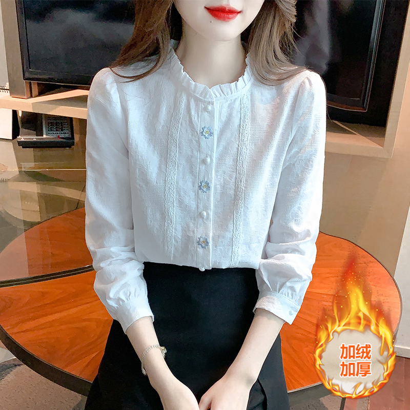 【退货运费全补】春秋新款木耳边纯棉衬衫女长袖刺绣花朵洋气衬衣