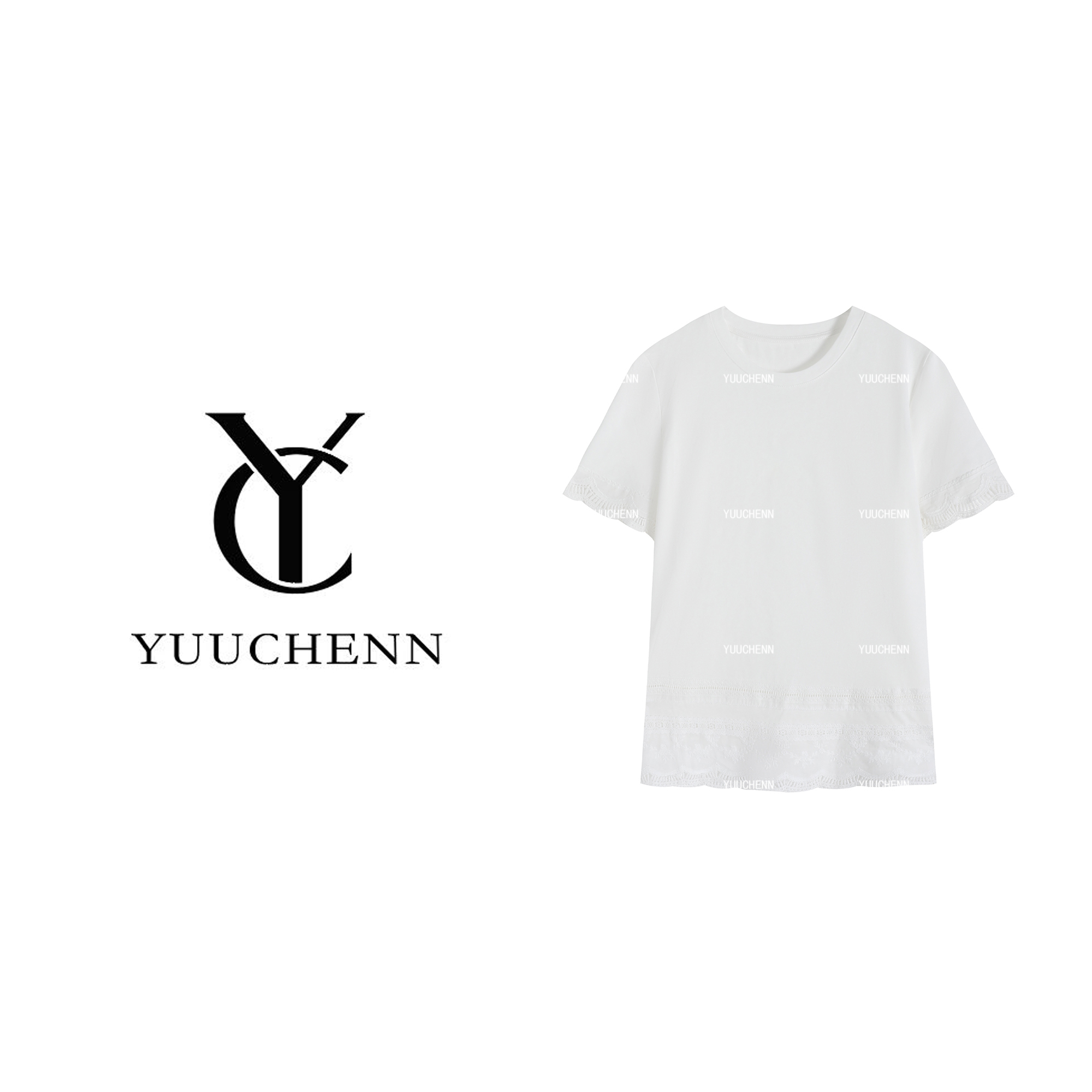 YUUCHENN 简约时尚蕾丝胸标淑女感圆领短袖T恤1568965
