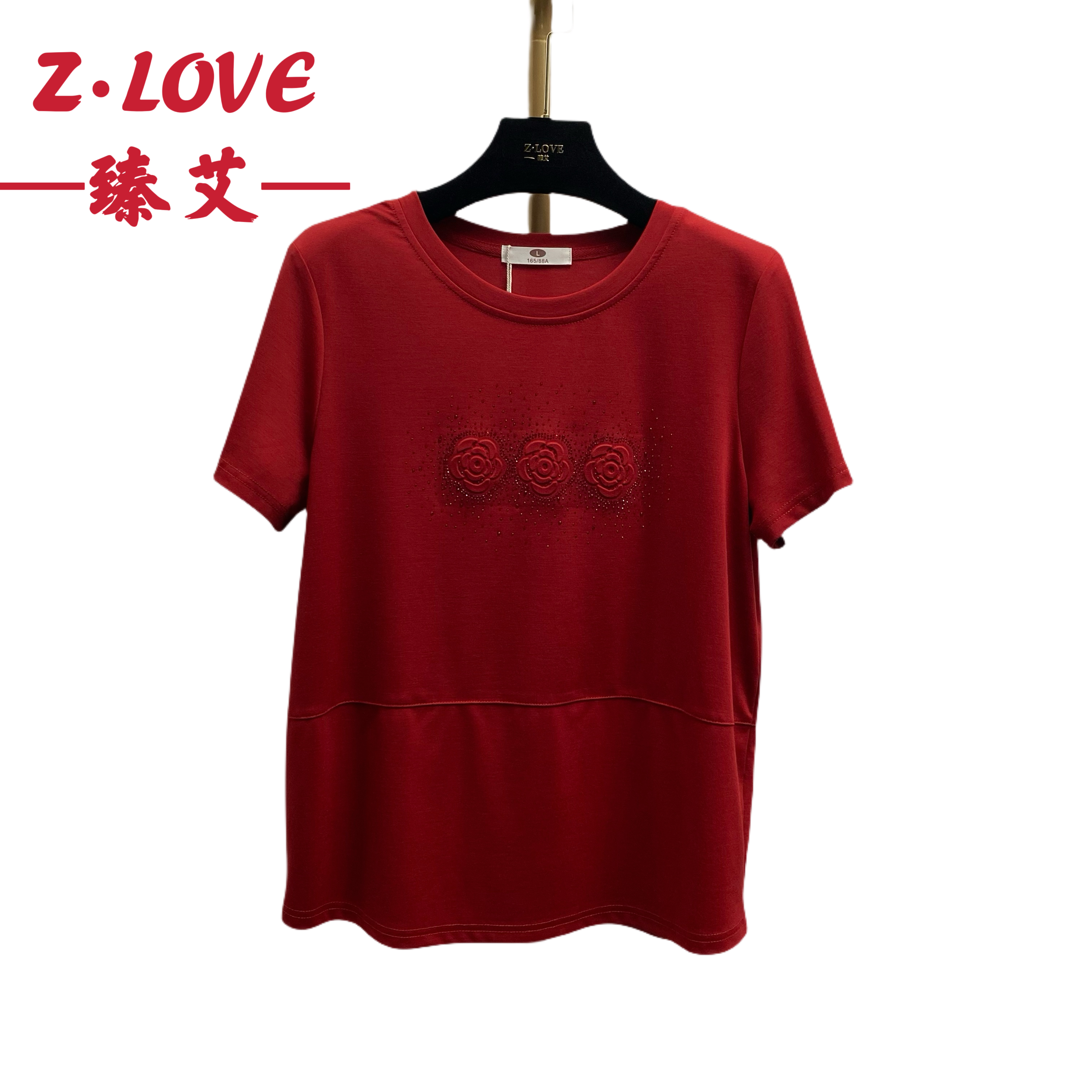 三朵玫瑰花圃】宽松透气常规款短袖印花圆领半袖红色夏季T恤春夏