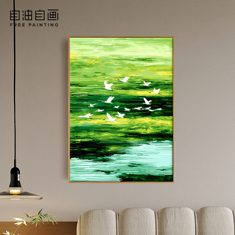 自油自画数字油画diy解压手工填色画氛围感客厅装饰画绿野飞鹭