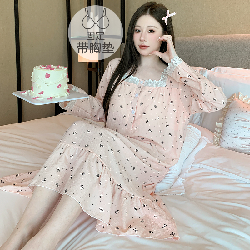240斤【佰绢】带胸垫云朵棉睡衣女春秋季公主风睡裙加肥大码家居服