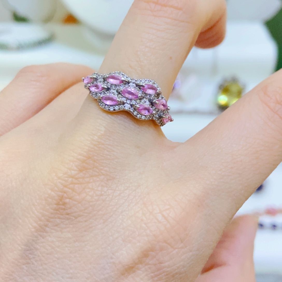 戒指彩色蓝宝石银S925镶嵌