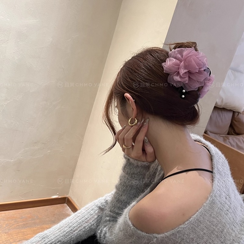 且茉~自带嗲嗲氛围感~纱质花花大号鲨鱼夹新款