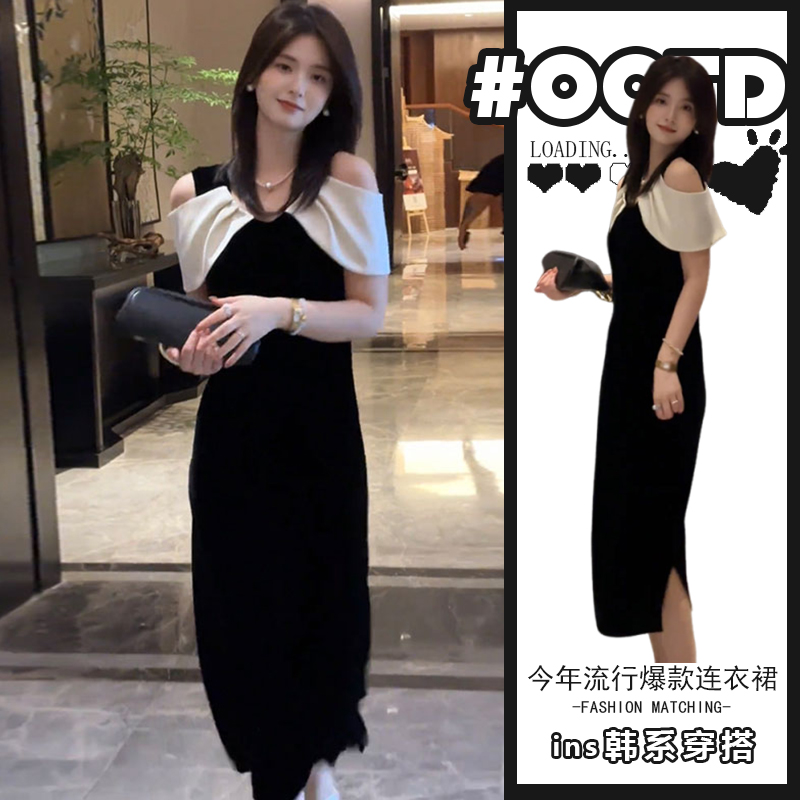 露肩连衣裙女夏季2025时尚气质减龄宽松显瘦拼接收腰开叉裙子
