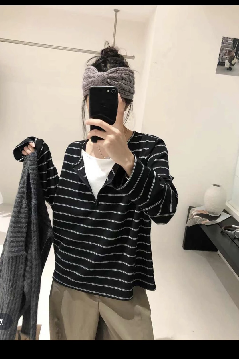 好好家新款大码针织条纹毛衣假两件休闲韩版秋季毛衣上衣