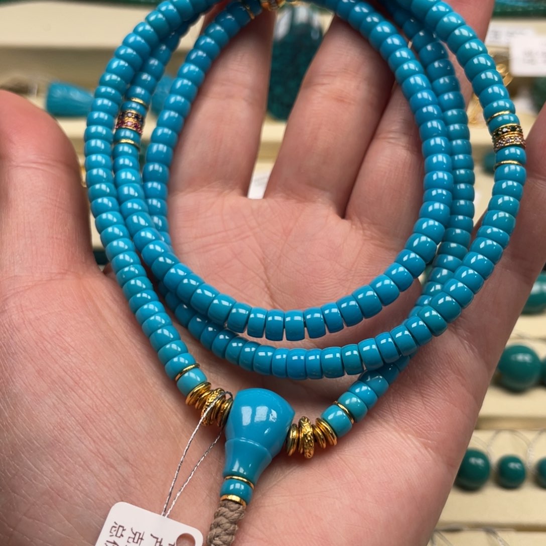 18K金镶嵌绿松石珠宝奇石直切108