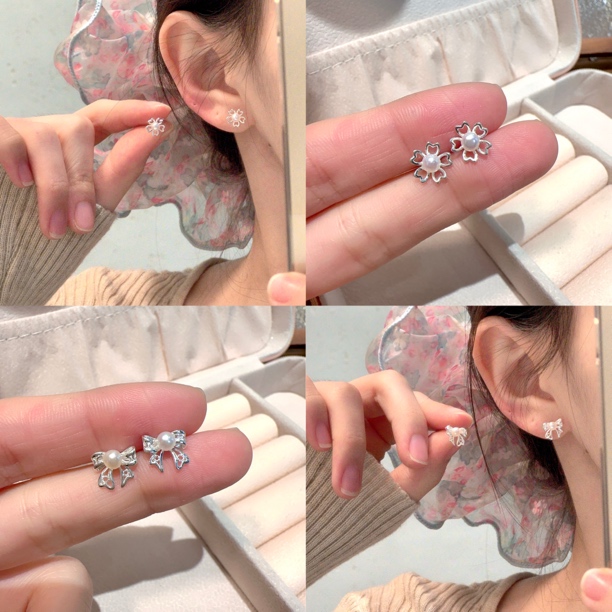 十里间直【养耳冲～足银999】甜美清新蝴蝶结花朵淡水珍珠S999耳钉