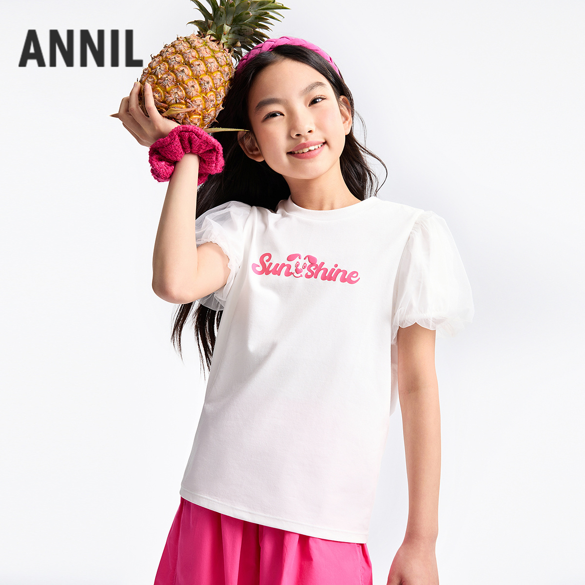 女童SORONA凉感圆领短袖针织衫大童夏季新款安奈儿童装EG521117