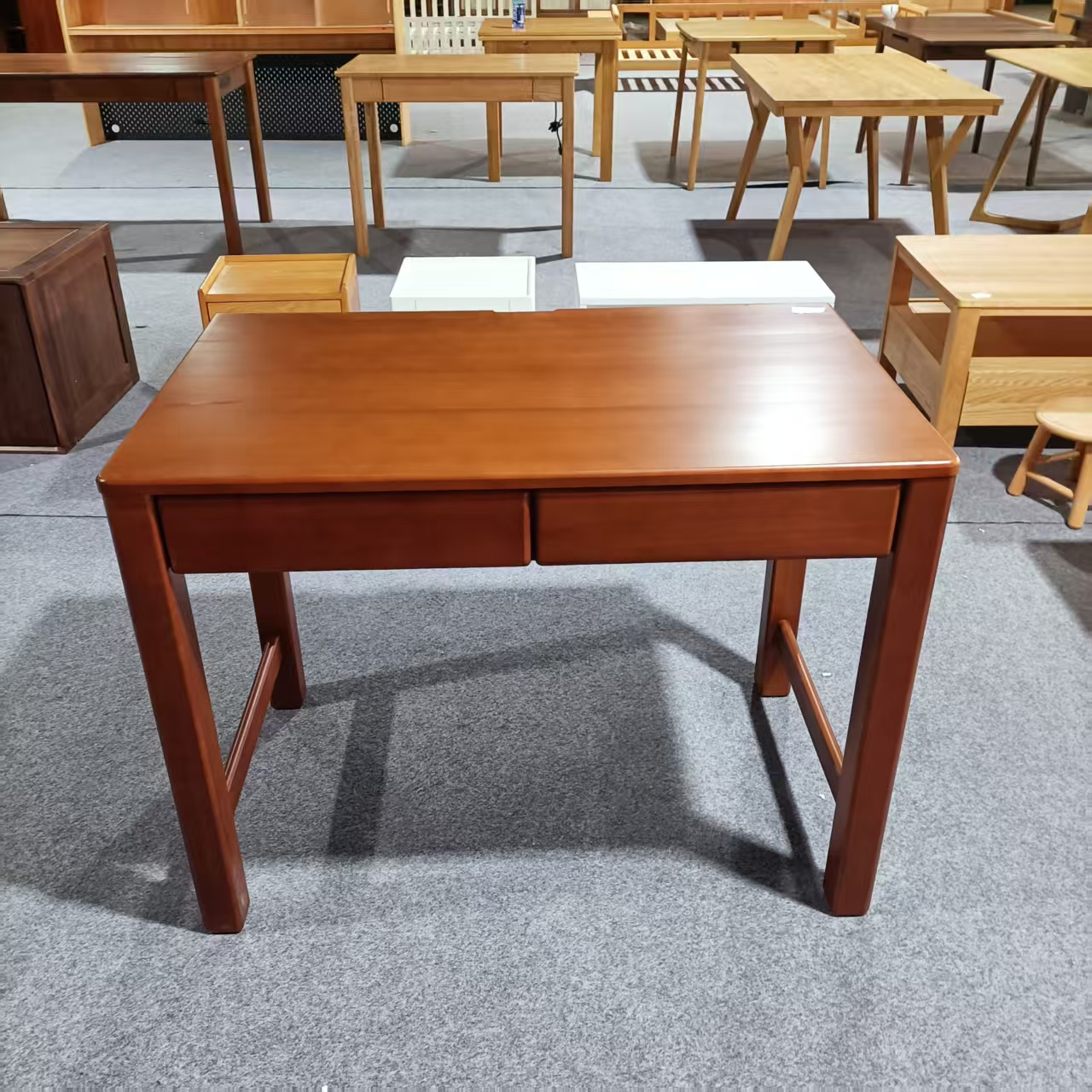 1000*600*750MM瑕疵款杨木全实木柚木色双抽书桌北欧家用书桌