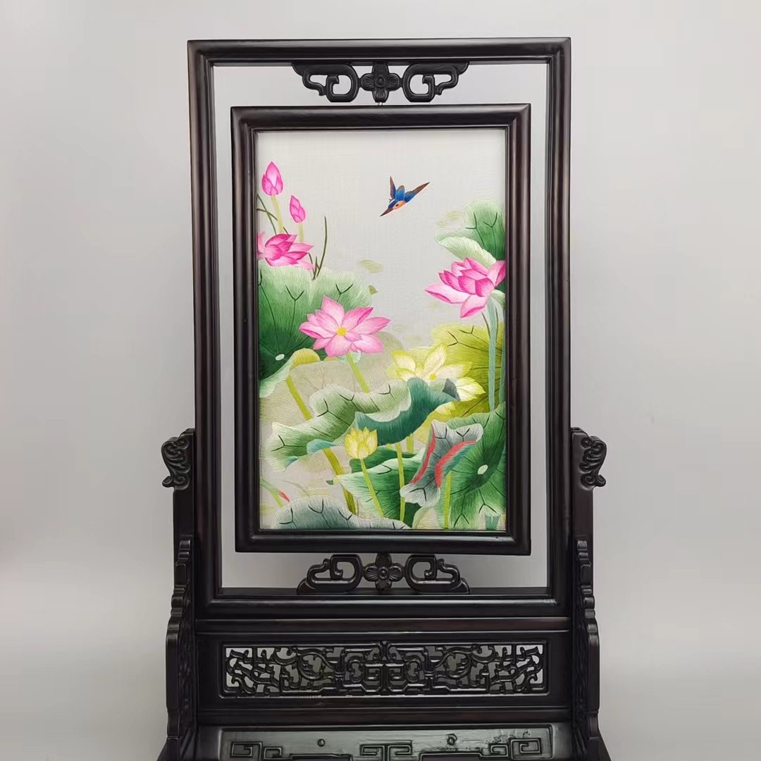实木紫光檀双面绣屏风高端手工精品