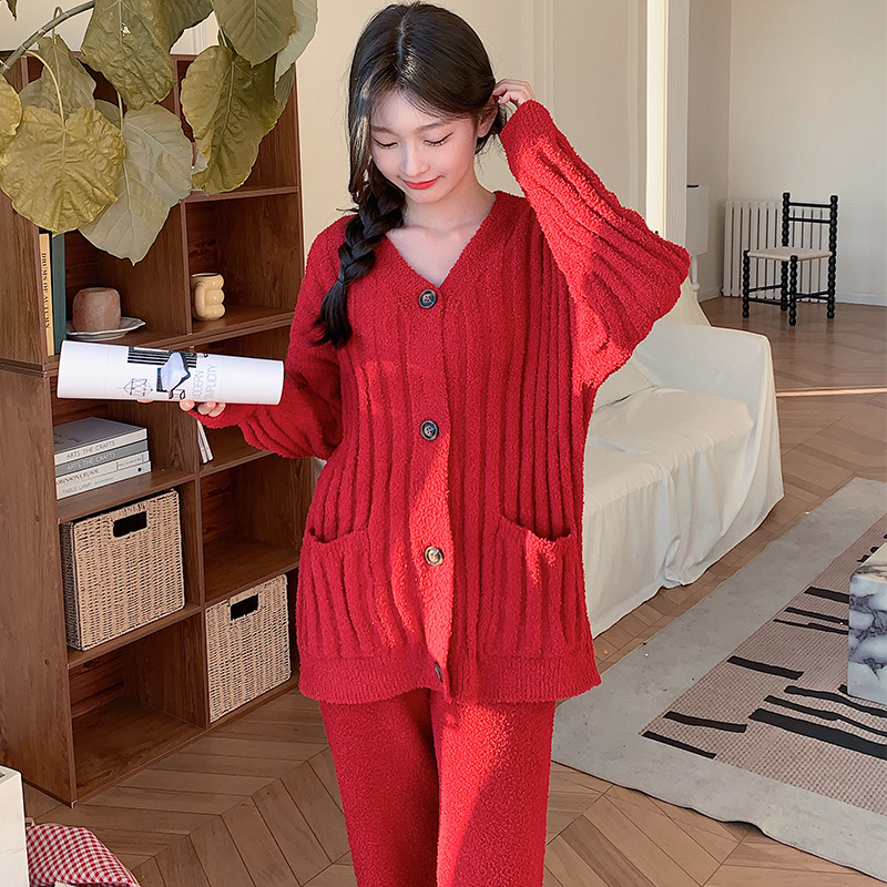 半边绒居家服睡衣套装保暖加绒高档可外穿秋冬家居服