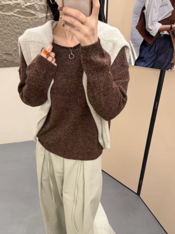 复古美拉德花纱圆领咖啡长袖针织衫毛衣女