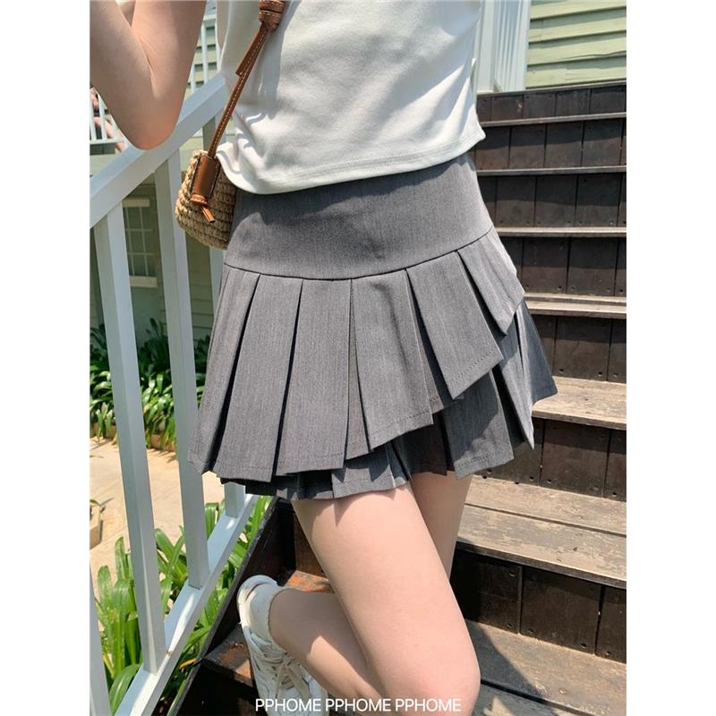 韩版百褶裙A字西装短裙女2025春夏季新款不规则双层百褶半身裙子