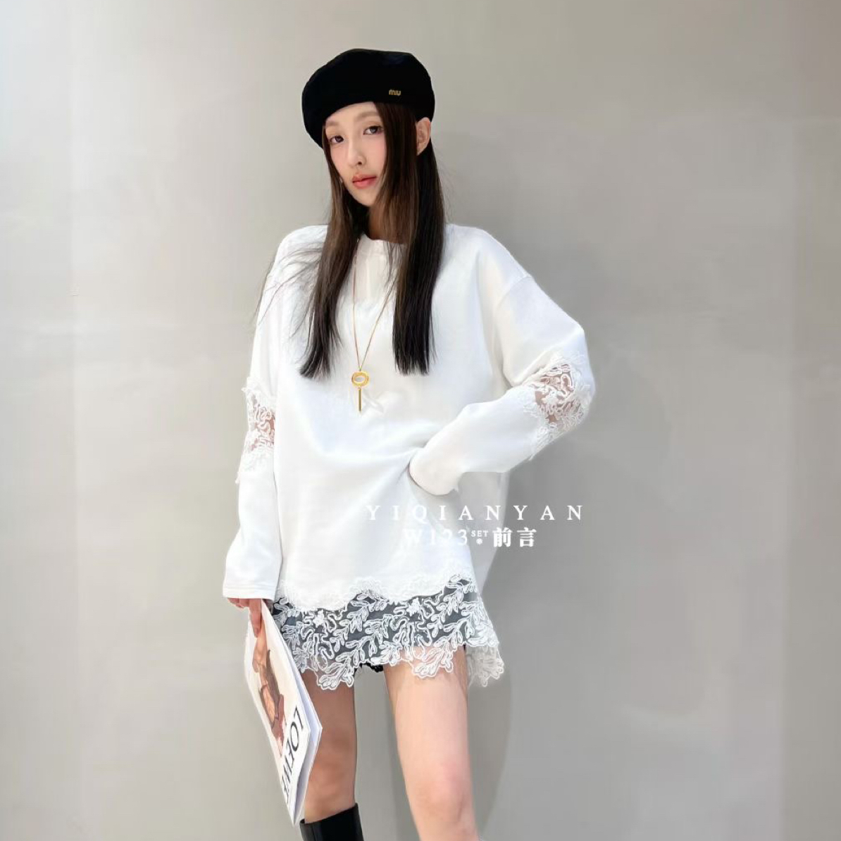 欧货正品秋蕾丝拼接宽松长袖显瘦t恤百搭上衣女6427