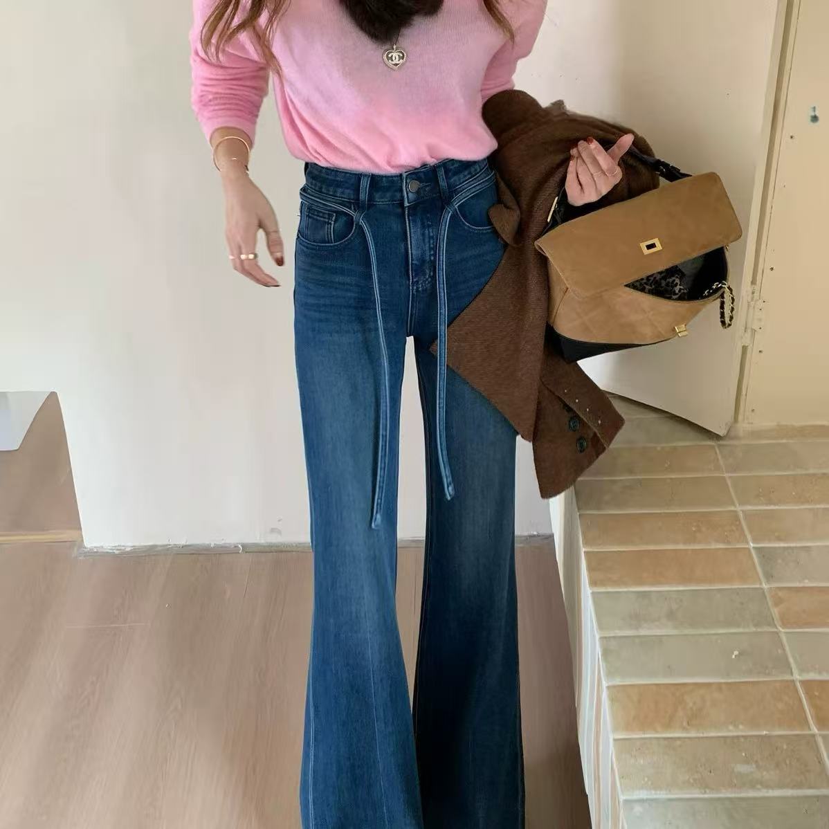 【003】2025秋冬新款直筒显瘦微喇复古系带牛仔裤