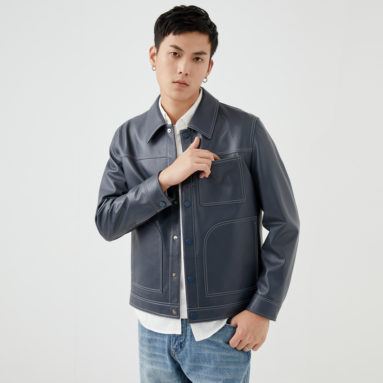 【梦想平行线】真皮皮衣男短款翻领工装口袋休闲绵羊皮夹克外套0767