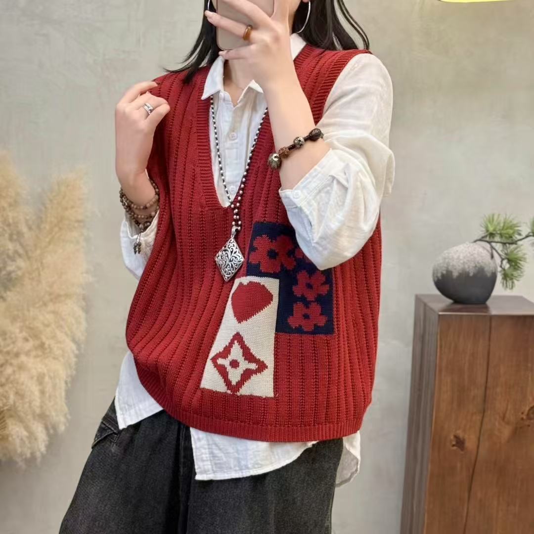 2677春季新款鸡心领彩线印花拼色针织棉线百搭气质休闲马甲