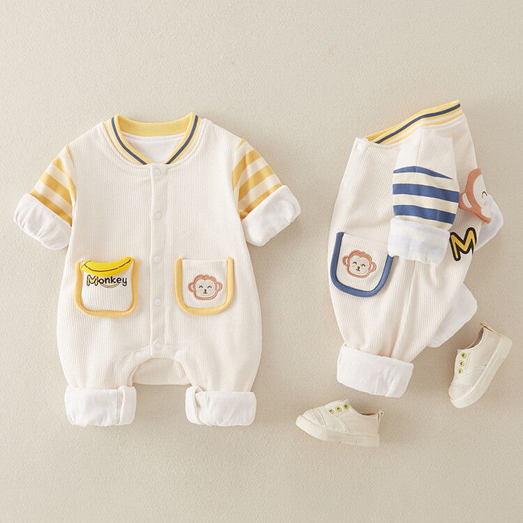婴儿春秋款连体衣男宝宝帅气卡通时尚外出爬服春秋季双层连体哈衣