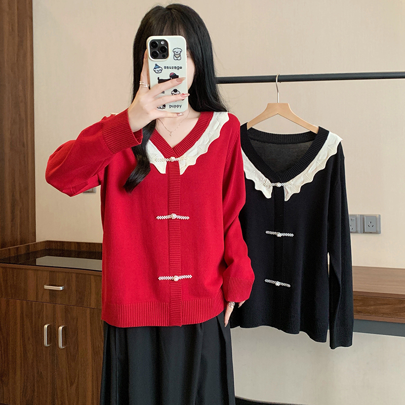 大码女装2025秋装新款宽松V领针织衫上衣胖mm显瘦毛衣打底衫3835