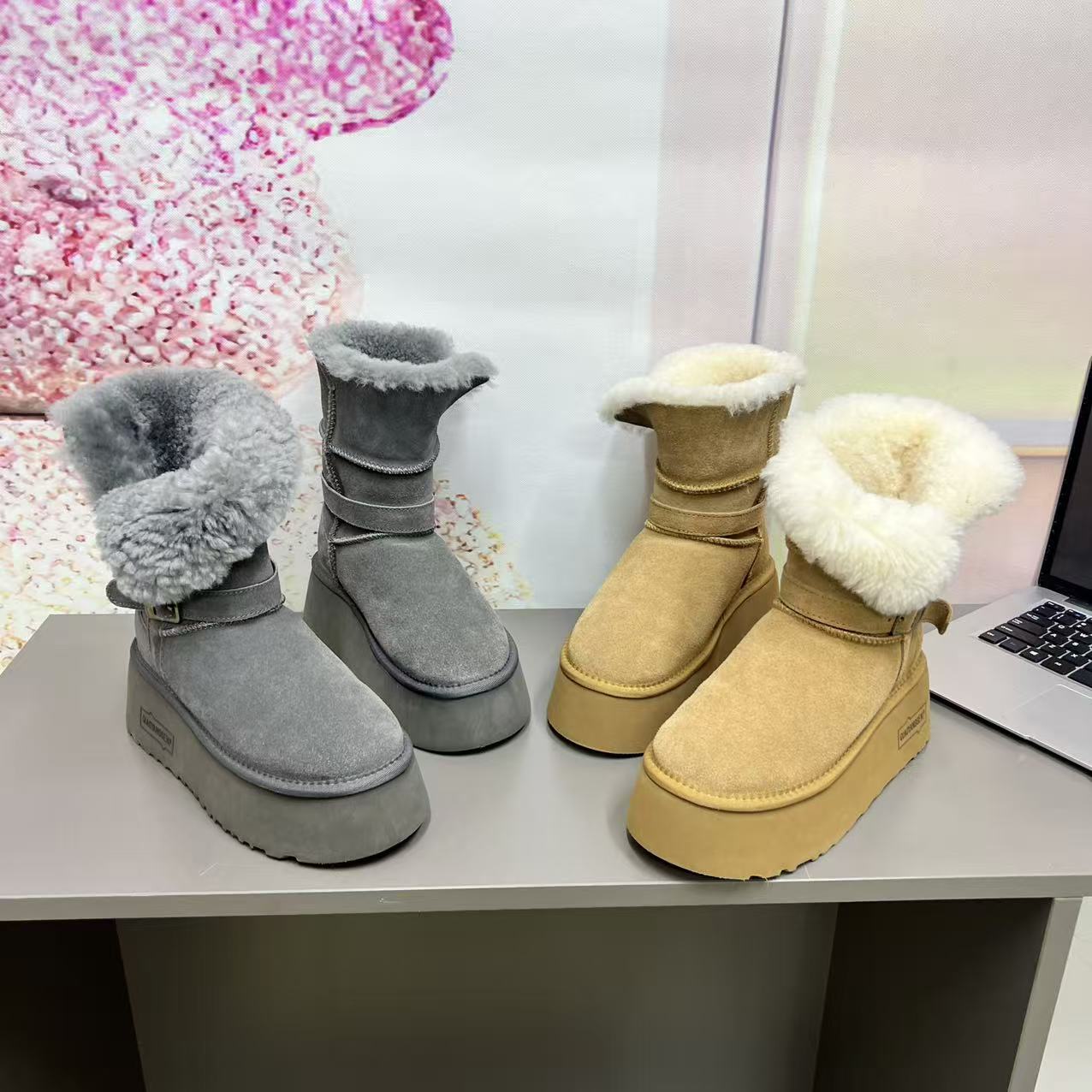 A682-1时尚百搭休闲潮流雪地靴厚底筒高18厘米圆头潮流女士中筒