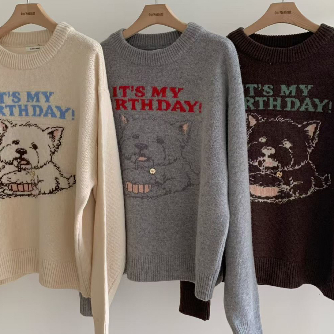 【cl春里家】韩国东大门猫咪毛衣衫卡通熊毛针织衫印花百搭