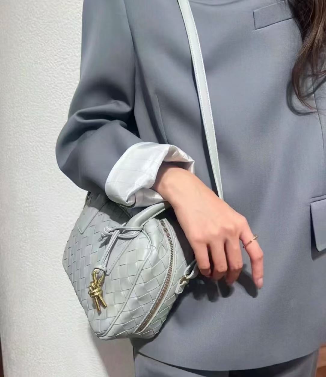 【京盛高定】编织保龄球包时尚百搭轻奢真皮简约菱格单肩格纹肩包