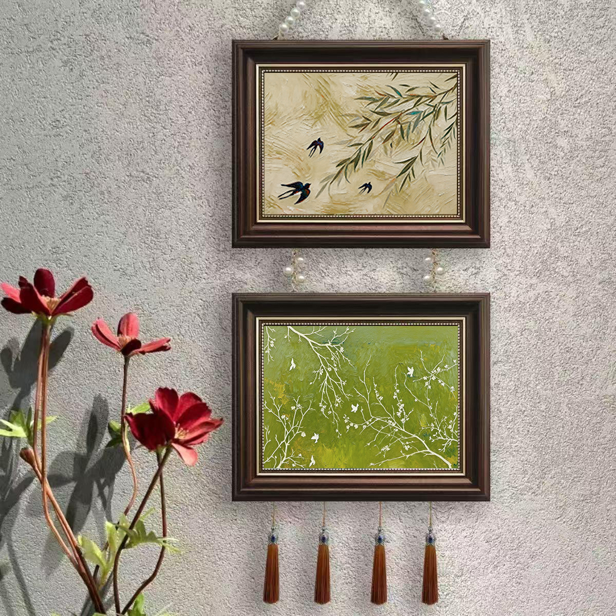 风景装饰画沙发背景墙挂新中式带珠链两联治愈风格油画客厅卧室