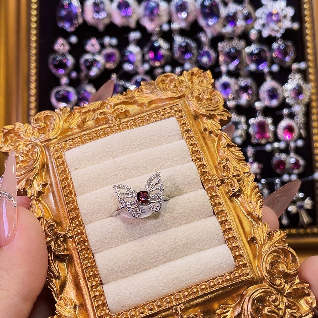 羽毛925银石榴蝴蝶戒指