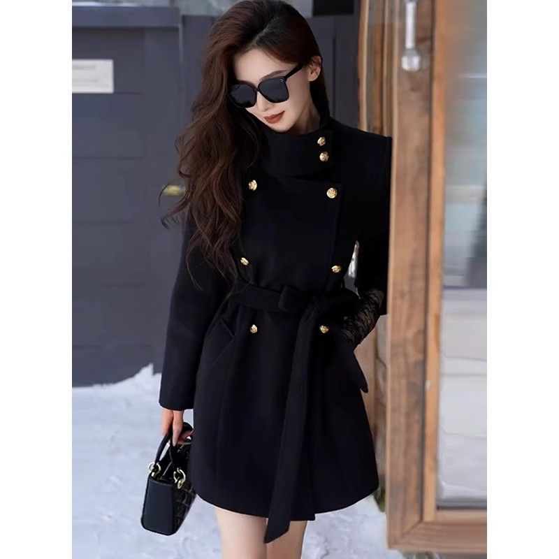 大码新款黑色中长款风衣外套女高级感系带收腰气质双排扣加厚大衣