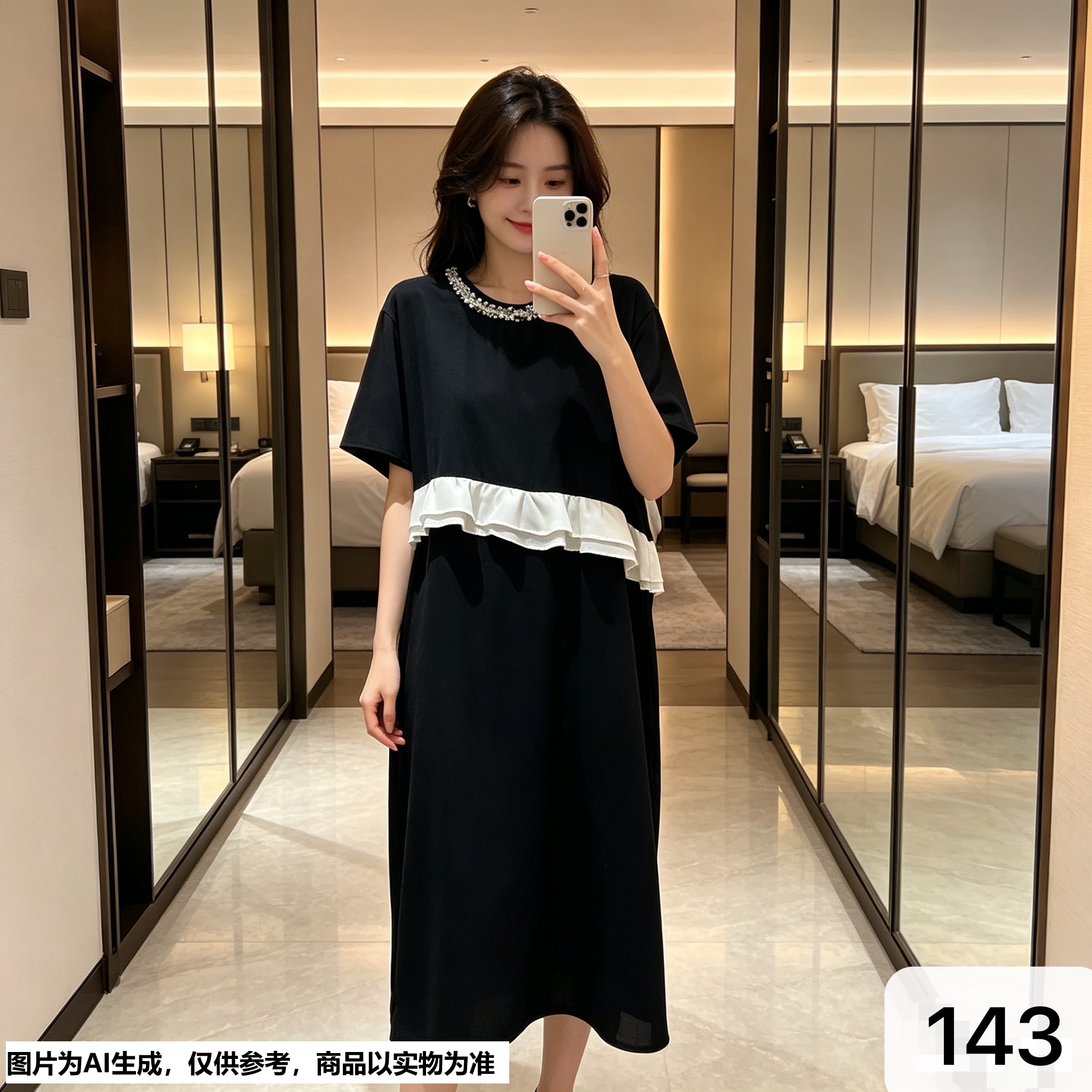 【Annie 143】春夏款圆领钉珠撞色连衣裙宽松大码显瘦长裙