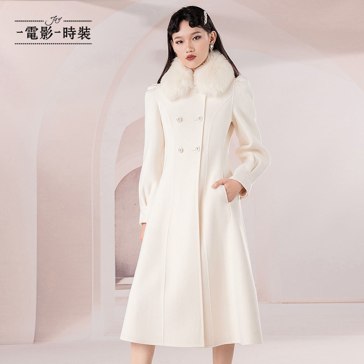 【蜜思仝】一电影一时装毛领100%绵羊毛双面呢大衣外套 FECG142605