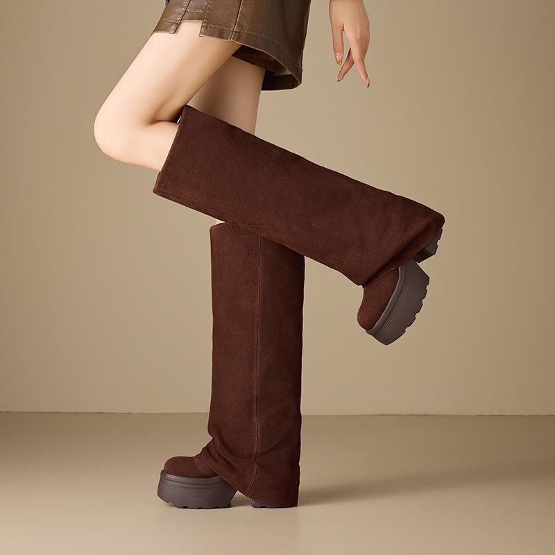 头层牛皮！12cm堆堆长筒靴秋冬新款增高裤管靴粗跟厚底骑士靴女