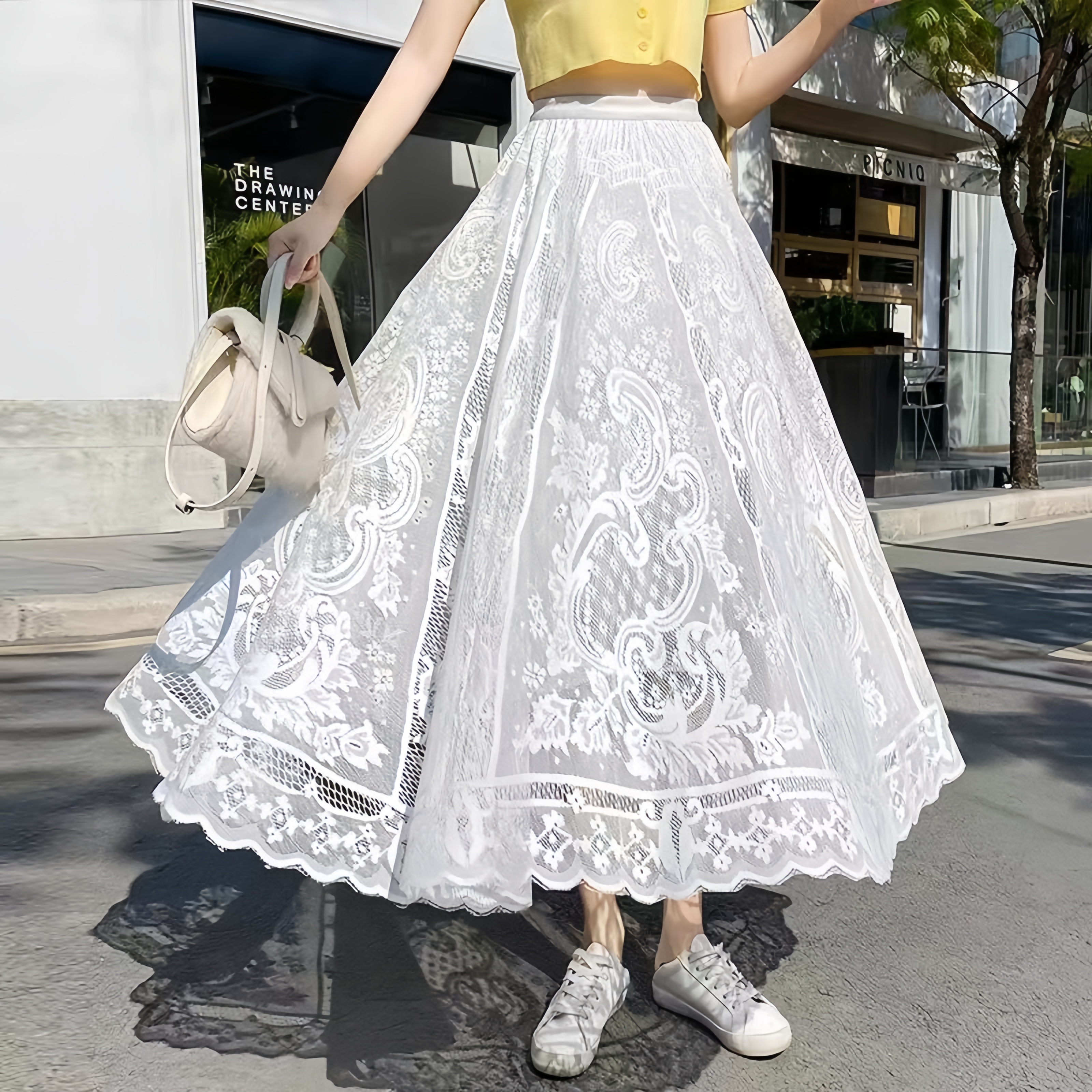 016贰超仙半身裙中长款钩花蕾丝宫廷风时尚超大摆遮胯网纱裙