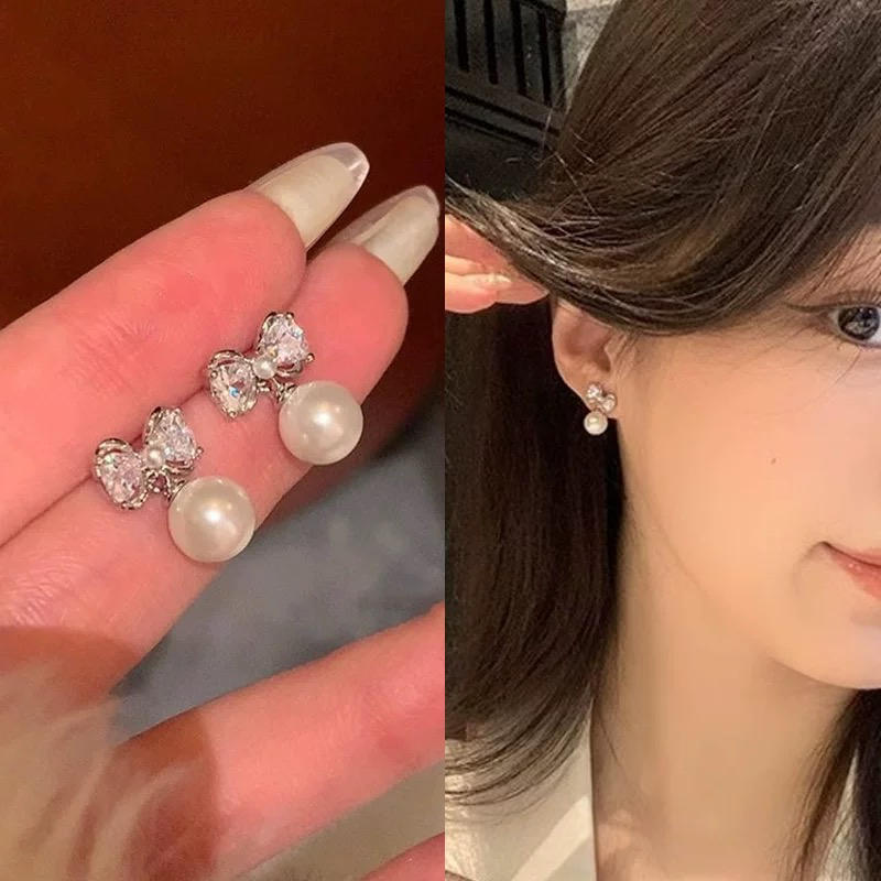合金锆石耳饰 925微镶珍珠锆石蝴蝶结流苏甜美清新小众耳环耳饰